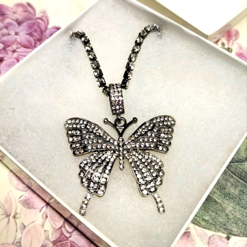 Monarch Butterfly Necklace Black Silver